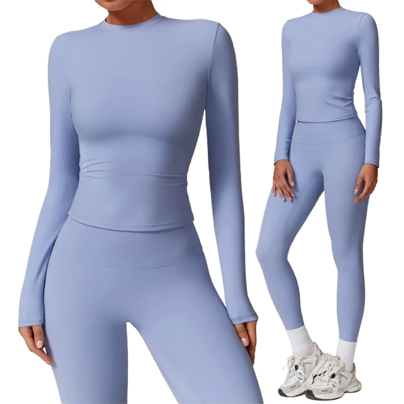 Autumn Women's 2pcs Gym Yoga Suit Workout Breathable Long Shirts Butt Lifting Leggings Set Sports Fitness Yoga Set