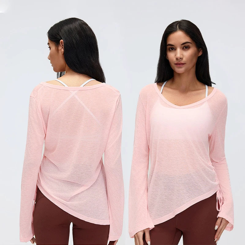 Roregal Women Outdoor Gym Fitness Wear Loose Fit Long Sleeve V-Neck Workout Top Breathable Yoga Cover-Up