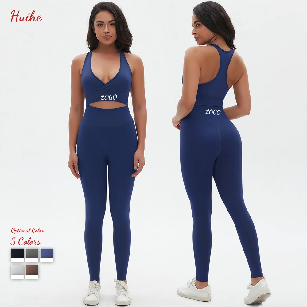 HUIHE Custom logo Women Sexy V-neck Cross Sports Yoga Bra Buttock Lift Trousers Woman Pilates Running Fitness Yoga Set