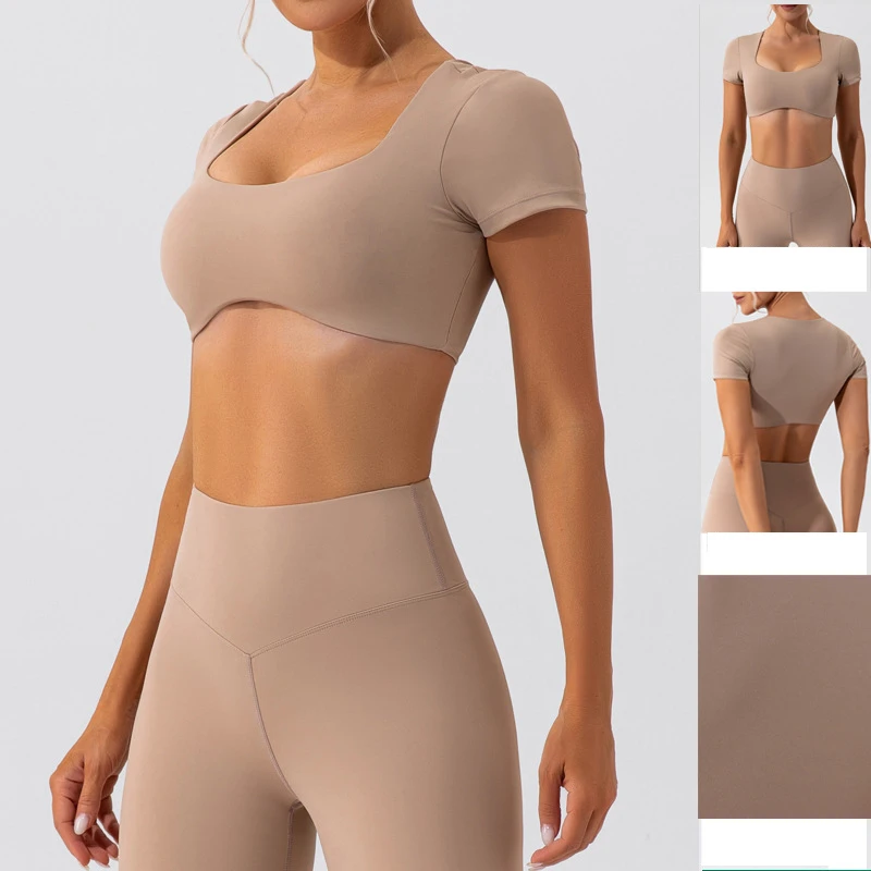 Wholesale Breathable Quick-Dry Naked-Feel Fitness Short-Sleeve T-Shirt Yoga Wear Women Solid Short Crop Yoga Pilates Front