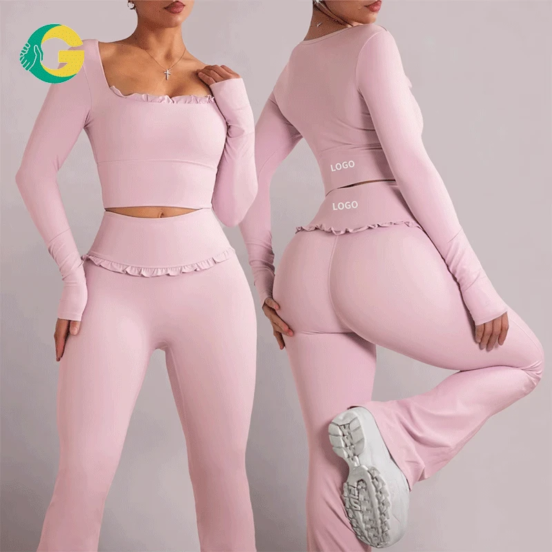 GC NEW 2026 Custom Pink Ballet Inspired Ruffled Long Sleeve Yoga Set Women Butt Lifting Leggings Soft Gym Running Activewear
