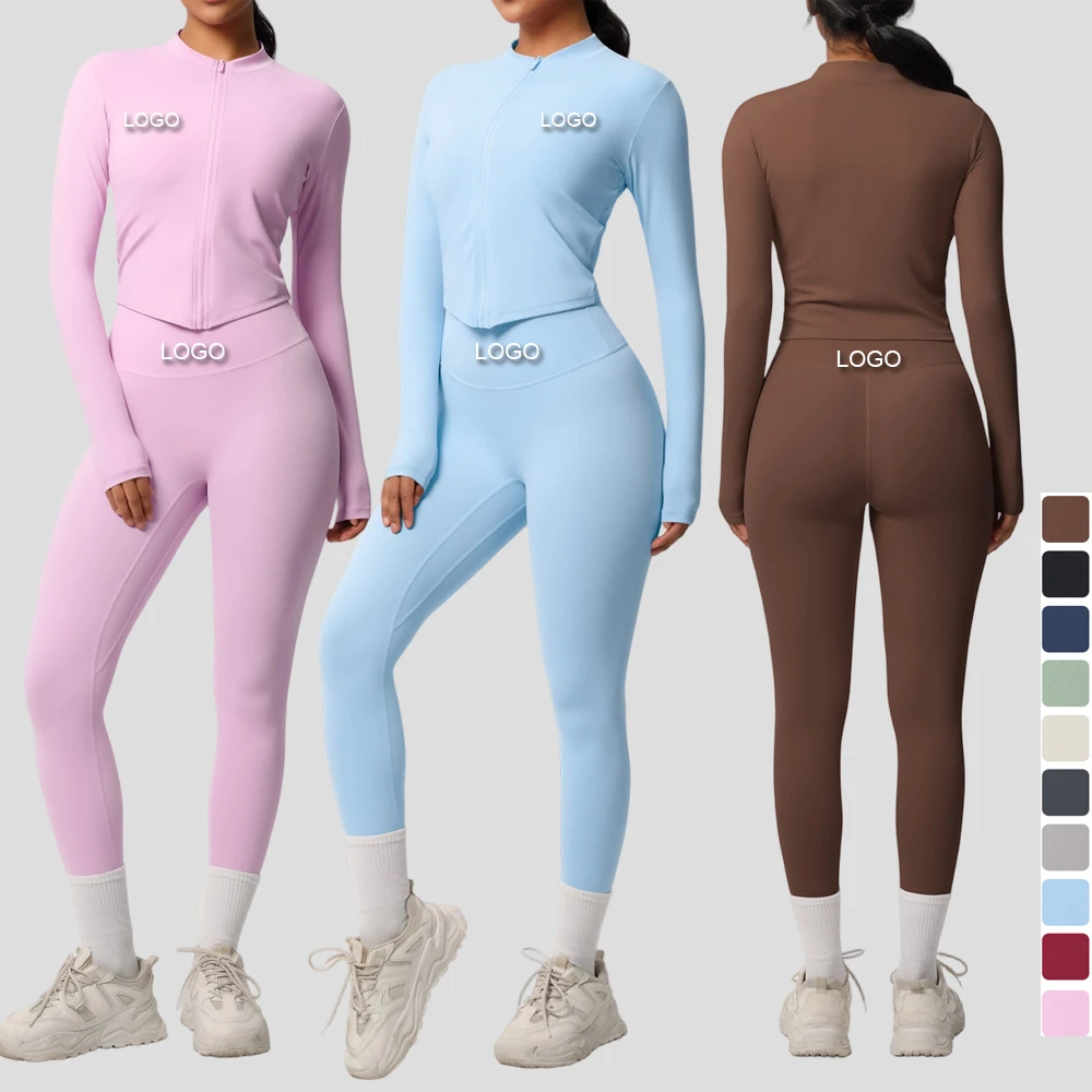 High Quality 2 Piece Yoga Set Long Sleeve Zip up Workout Jacket & High Waist Leggings Breathable 4 Way Stretch Women Workout Set