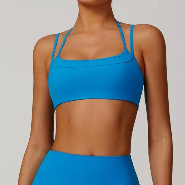 Custom Adjustable Square Neck Halter Top Backless Double Layer High Support Yoga Activewear Workout Gym Sports Bra for Women
