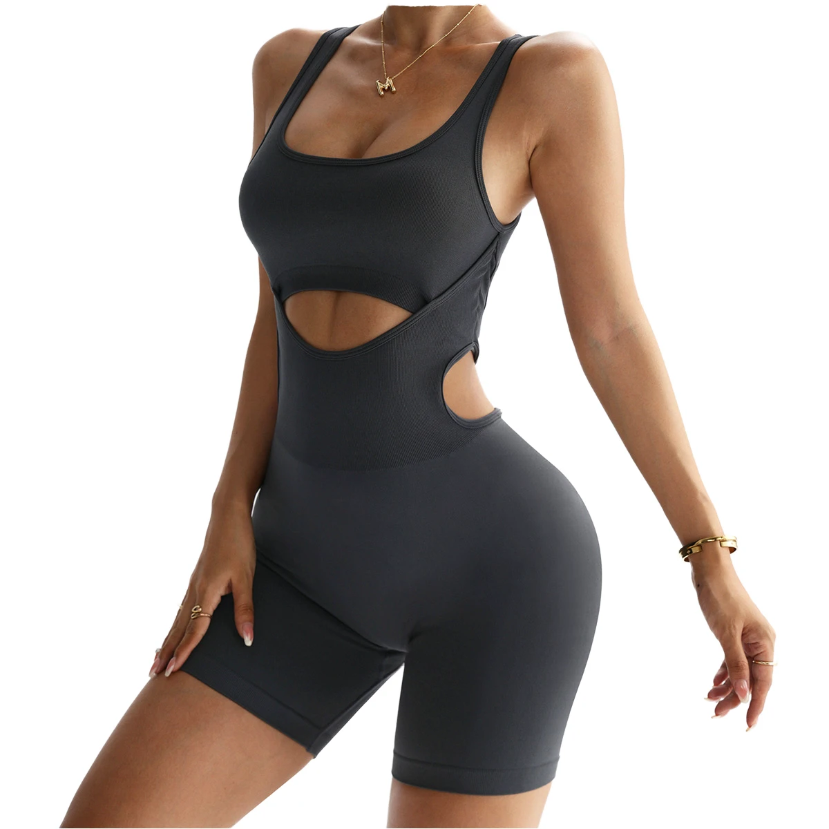 Women's Seamless Cut-Out Breathable Square Neck Ribbed Bodysuit High Elasticity Yoga Jumpsuit Fitness Activewear Knee-Length