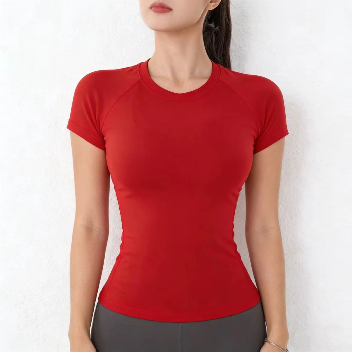 M040 Women Summer Woven Compressed Seamless Fitness Short Sleeve Stretch Running Yoga Solid Slim Fit Sweet Speed Dry T-shirt