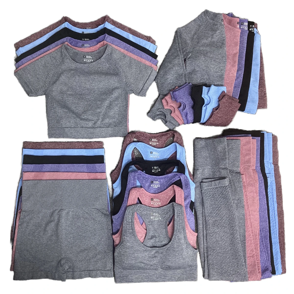 OEM Fiess Sportswear Workout Set 5 Pieces Including Seamless Crop Top Biker Shorts Sports Bra Short Long Breathable Gingham