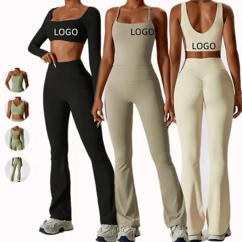 Custom Logo Breathable Women's Long Sleeve Crop Tops Quick Dry Gym Tank Tops Fitness Sets Sports Bras Yoga Leggings Workout Sets