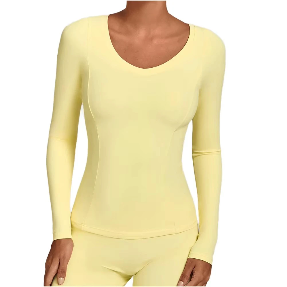 Wholesale Solid Color Blank V Neck Long Sleeve Compression Shirt Breathable Fitness Yoga Running Workout Tops for Women