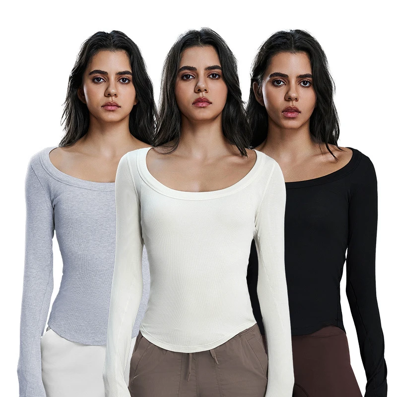 D25181 Women Sexy Long Sleeve Yoga Crop Tops Off Shoulder Running Sports Gym T-Shirts with Neat Hem and Elastic Cuffs