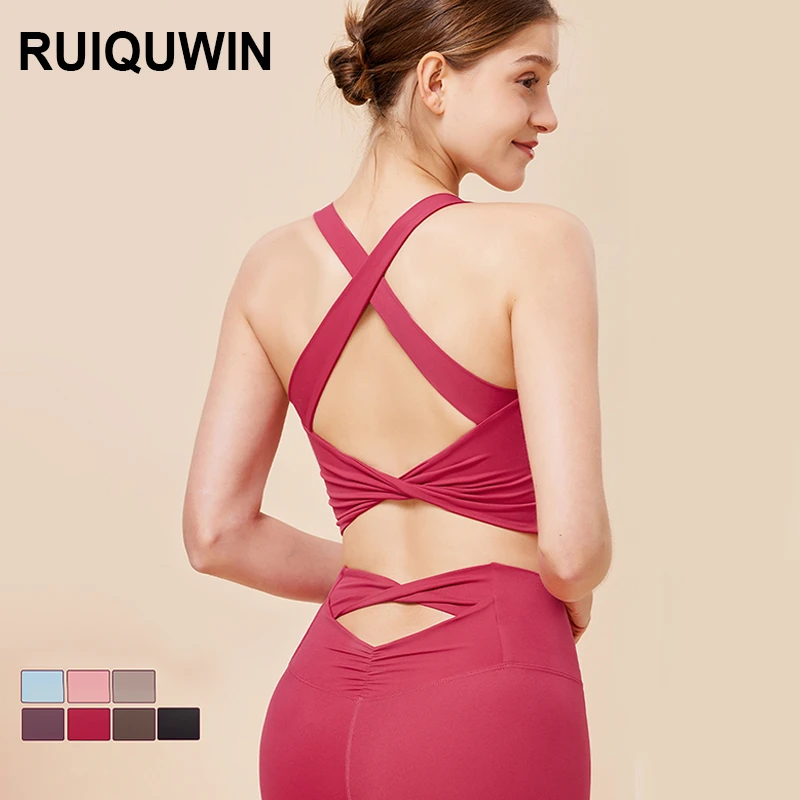 RUIQUWIN Wholesale Women's Tight Seamless Yoga Vests Breathable Cross-Over Backless Fitness Tops High-Support Gym Sports Bras