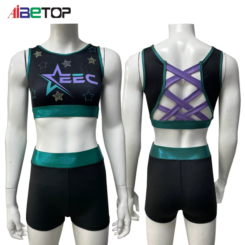 Wholesale Girls' Sleeveless Cheerleading Bra Criss-Cross Straps Matching Athletic Shorts-Spandex/Polyester Seamless Fusing OEM