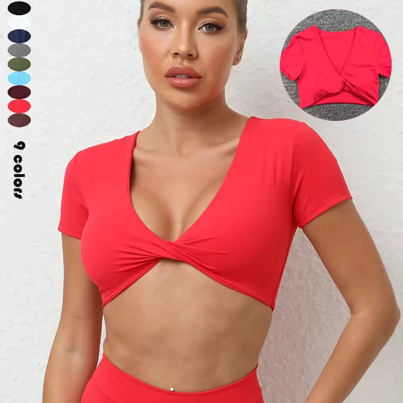 Twist Design Solid Short Sleeve Sportswear Hollow Back Cropped V Neck Workout High Stretch Crop Top Yoga Padded T Shirts Lady