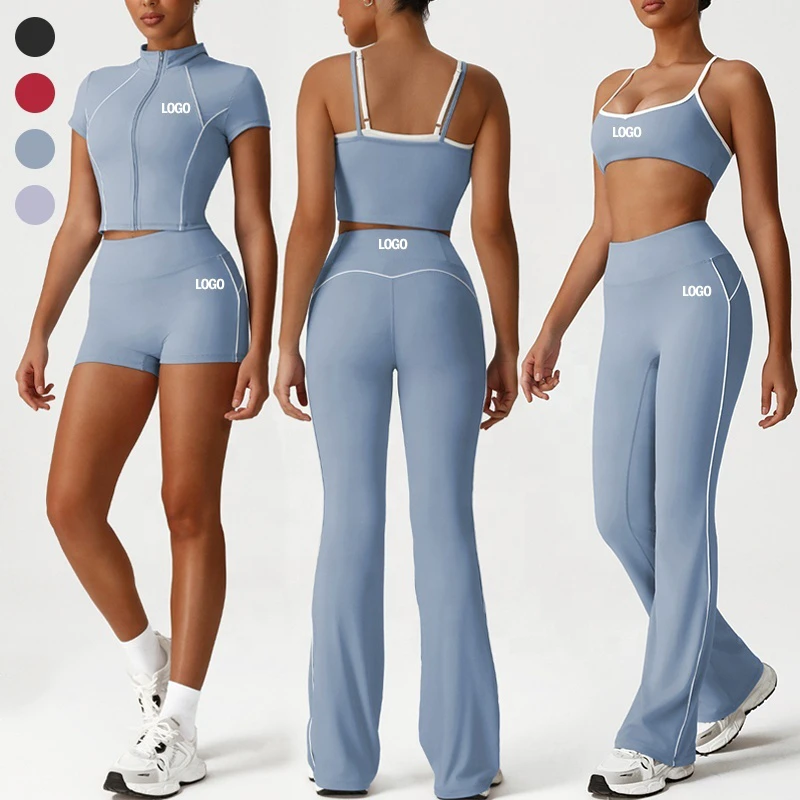 Women's Color Blocking Free Match 6 Pieces Workout Outfits Nude Feeling Sports Active Wear Flared Yoga Pants Gym Fitness Sets