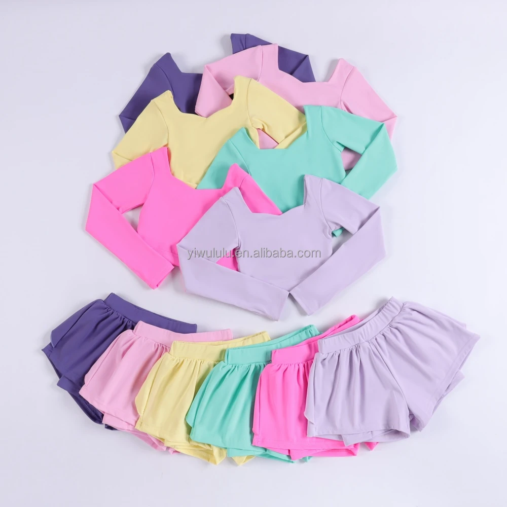 Girls Yoga Set Cross Back Long Sleeve Top With Loose Shorts Kids Workout Outfit Girls Clothing Sets