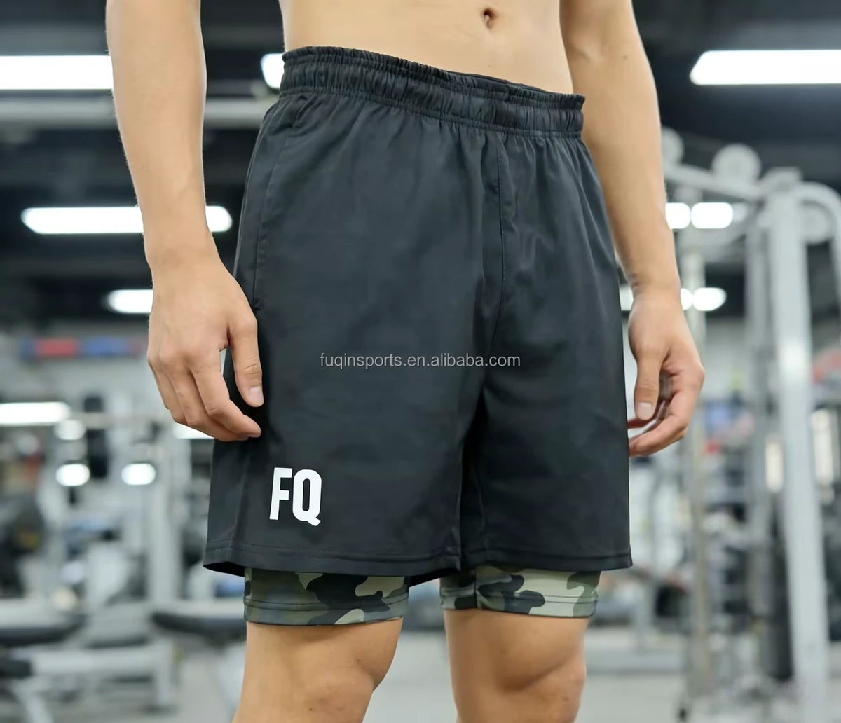 FQ Custom 2 In 1 Double Layered Gym Shorts Men Compression Camo Running Biker Training Shorts Women Athletic Sports Shorts