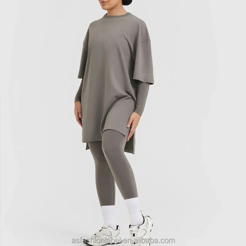 Custom OEM Solid Oversize Drop Shoulder Modest Sportswear 2 Piece Set Women Long Sleeve Crew Neck Top Leggings Islamic Outfit