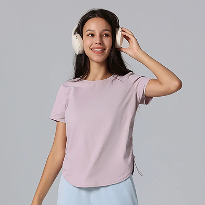 Women's Round Neck Short Sleeve Workout Shirts Athletic Tops Breathable Yoga Curve Hem Sports T-Shirts With Drawstring at Side