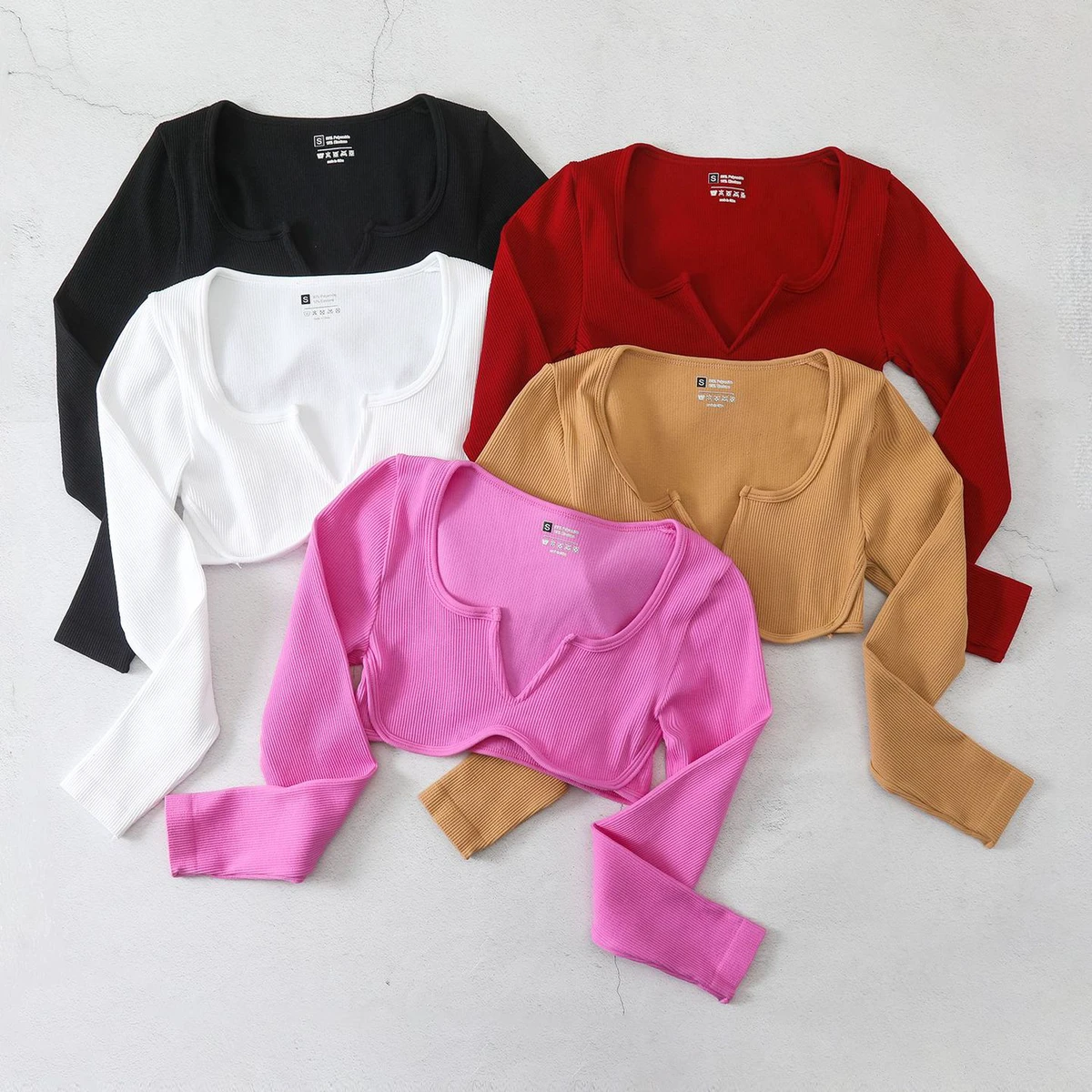 Womens Lightweight Breathable Slim Waist Ribbed V-Neck Long Sleeve Crop Top with Four-Way Stretch for Yoga & Dance
