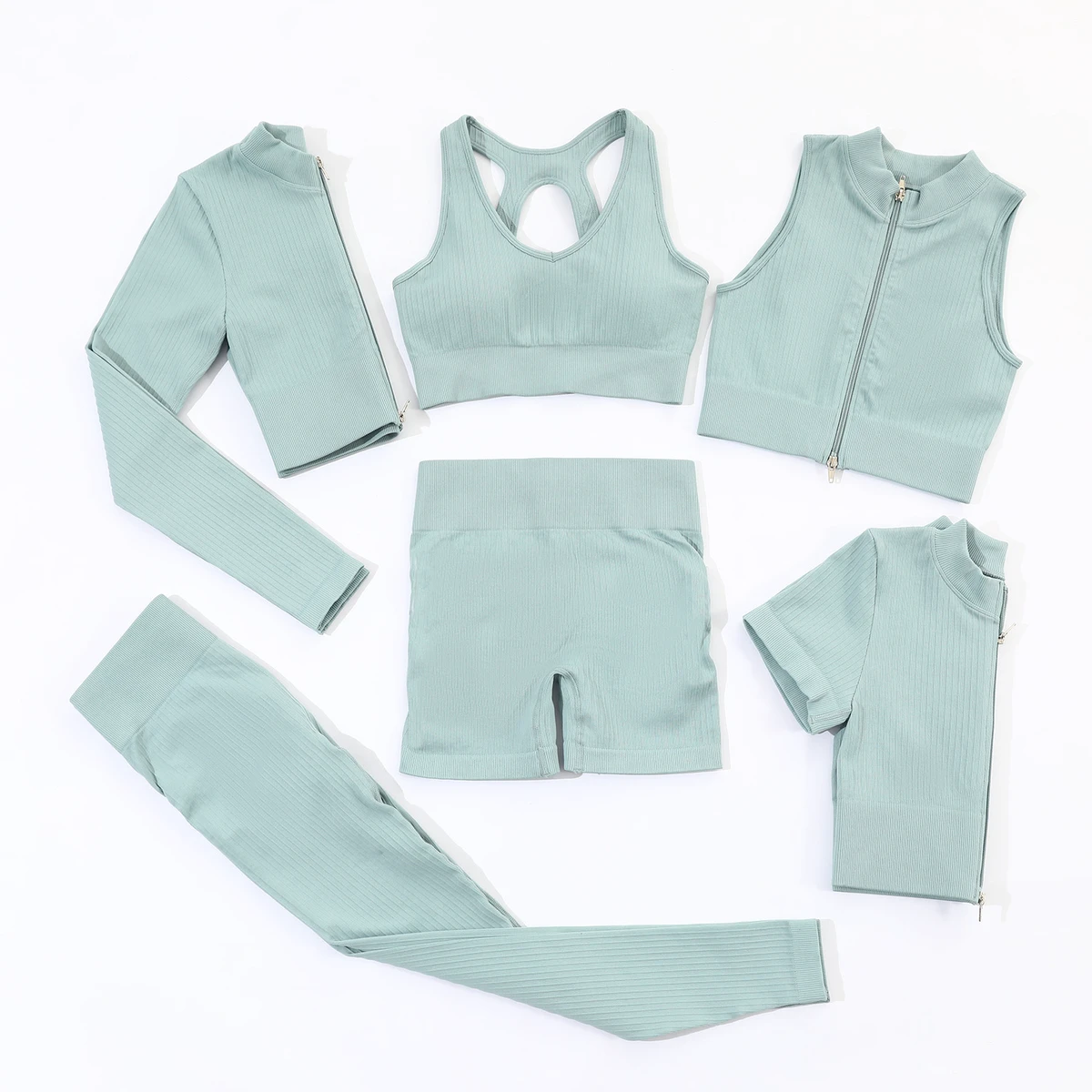 Women's Solid High Waist Active Stretch 6-Piece Yoga Set Sport Leggings Crop Top Bra Gym Fitness