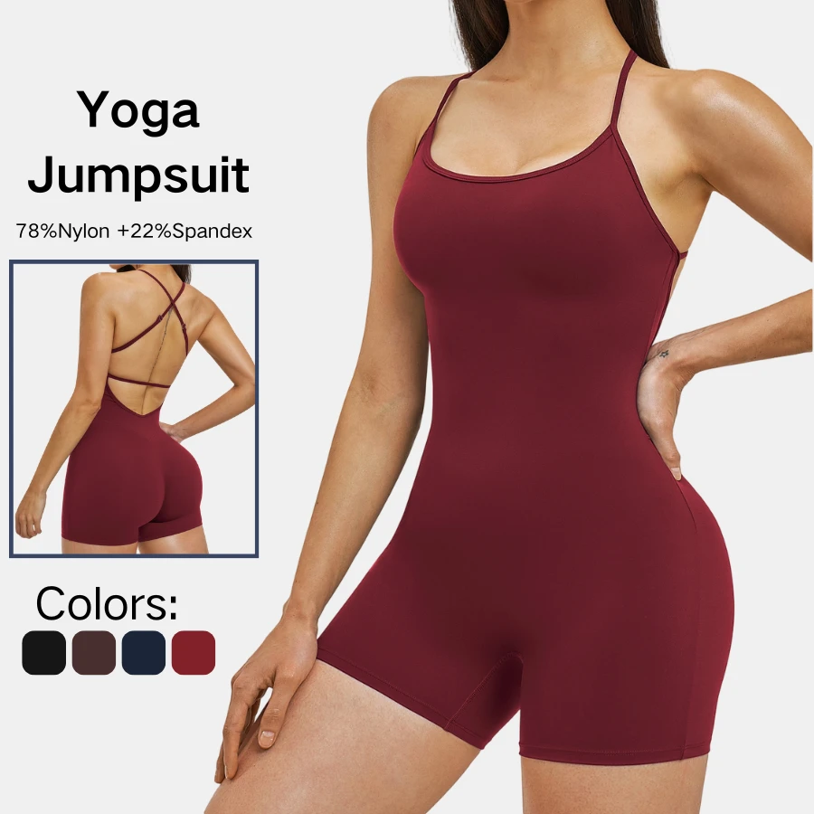 Womens Backless Yoga Jumpsuit U Neck Cross Strap Romper Built in Bra Shorts One Piece Fitness Workout Gym Activewear