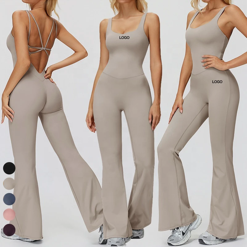 Women Stretchy Thin Straps Sports Bodysuit Cross Back Strappy One Piece Workout Rompers Sleeveless Fitness Flared Yoga Jumpsuit