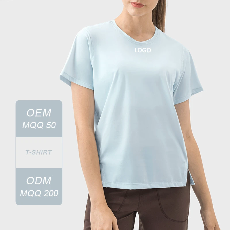 DSS059 Women's Quick-Drying Yoga Top Light Breathable Neck Short Sleeve Sports Top Reflective Strip Night Run Solid Pattern