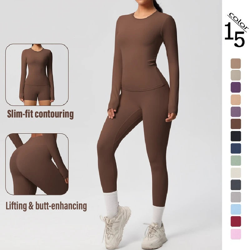 Factory Wholesale Custom Logo Breathable Butt Lift Solid Color Double-Sided Nylon Brushed High Waist Long-Sleeved Yoga Suit