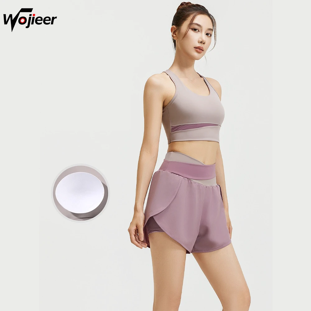 WOJIEER Color Matched 2 Piece Fitness Shorts and Yoga Suit Set Anti-Wear Sports Fitness Gear Women Yoga Sport Set