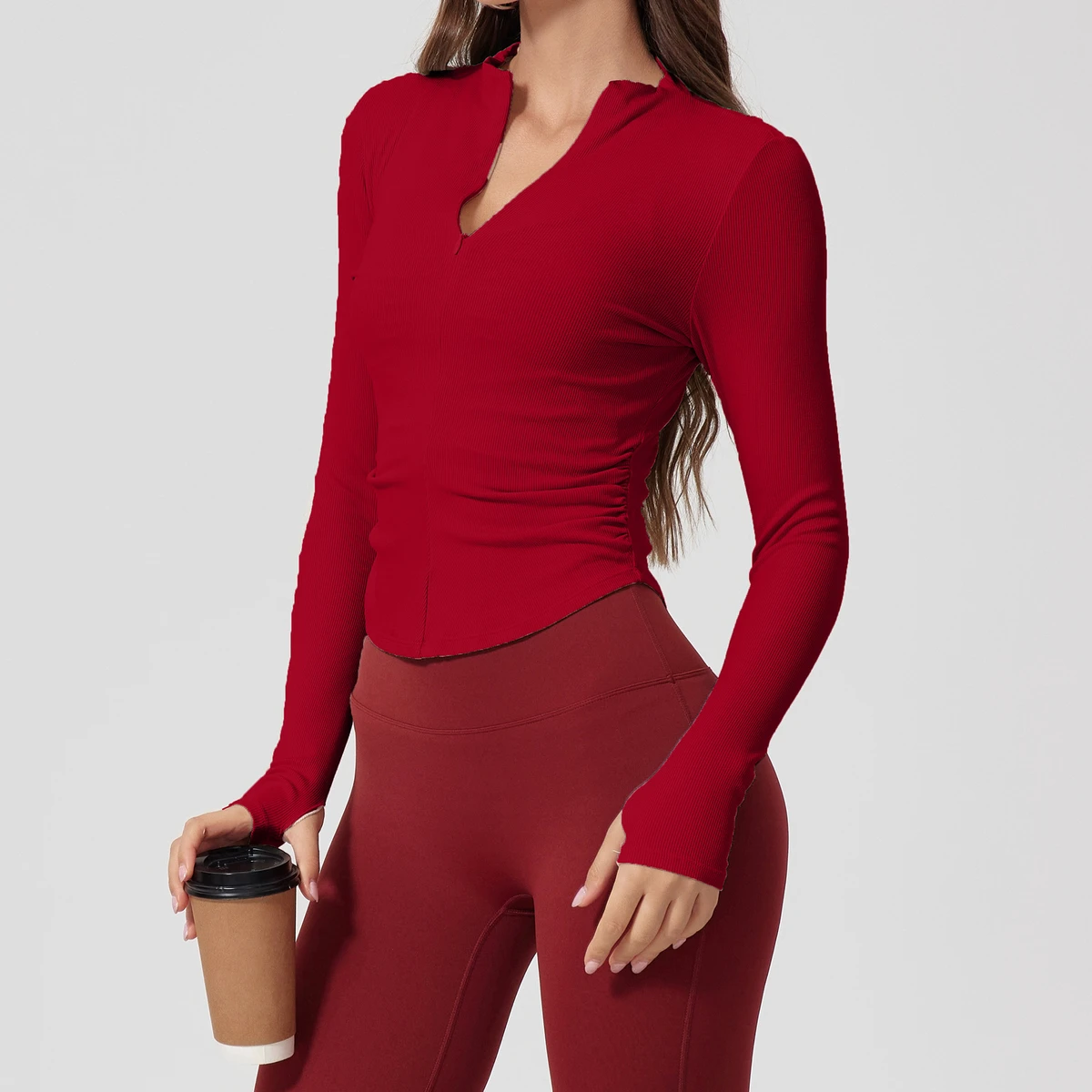 Tight Nude-feel Breathable Nine Quarter Sleeve Threaded Women's Yoga Top Outdoor Sports Stretchy Slimming Half-zip Skinny Fit