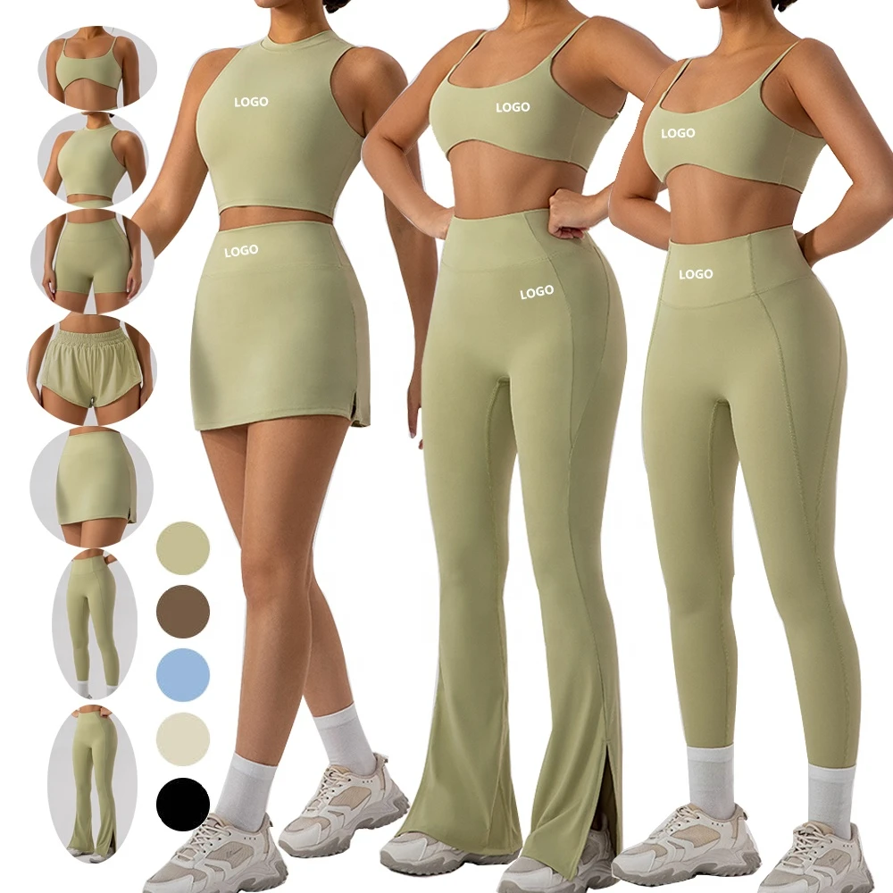Women 5 Piece Sexy Seamless Racerback Sports Bra Booty Scrunch Leggings Matching Yoga Workout Set Eco-Friendly Breathable Front