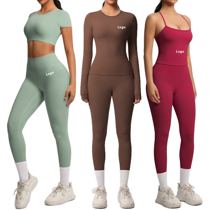 Women Plus Size Solid Breathable Eco-Friendly Lightweight Four-Way Stretch Workout Outfits 7-Piece Sets Long Sleeve Fitness Gym