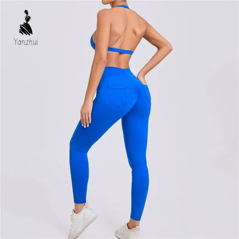 YZ Women 2 Piece Yoga Set Sports Bra High Waist Leggings With Side Pockets Elastic Gym Training Outfit