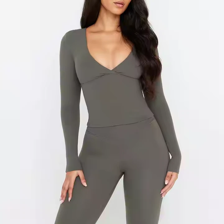 Double Layer Built in Support Removable Pads V Neck Long Sleeve Stretch Fitness Gym Yoga Crop Tops
