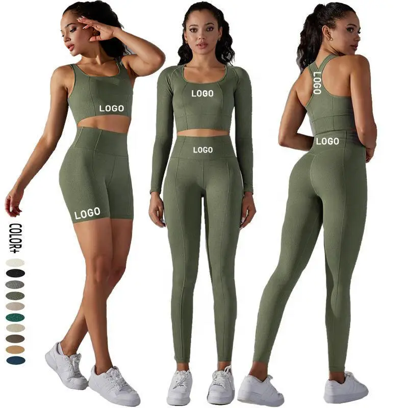 Women Solid Five Piece Activewear Set Front Logo Gym Yoga Fitness Crop Top Full Sleeve Mid Waist Shorts Leggings Recyclable