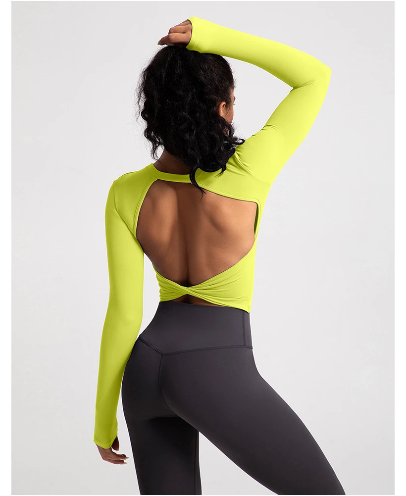 Women's Long Sleeve Stretchy Lightweight Yoga Top with Open Back Crisscross Hollow Back Twist Running T Shirt Breathable Design
