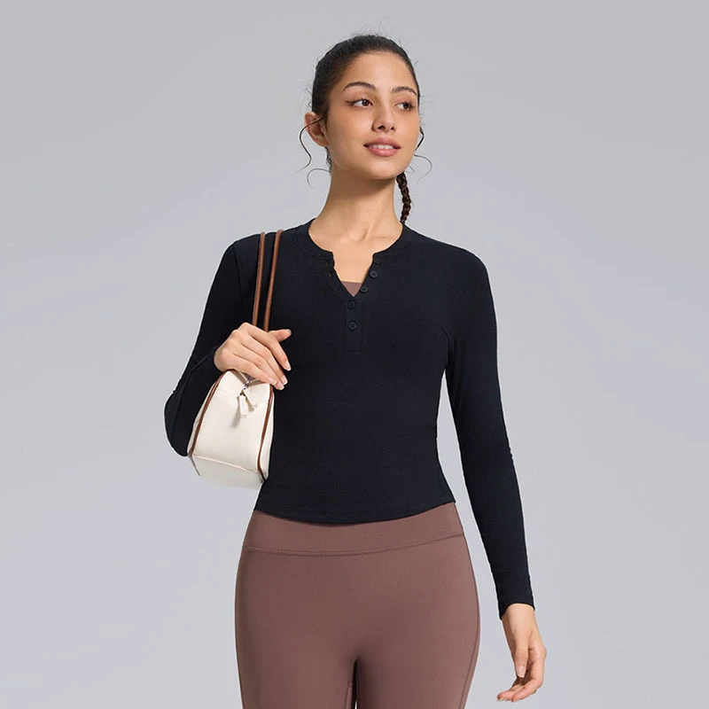 Custom Logo Women Henley Shirt Quick-dry V-neck Fitness Top Long Sleeves Lightweight Slim Yoga Tops for Autumn Spring