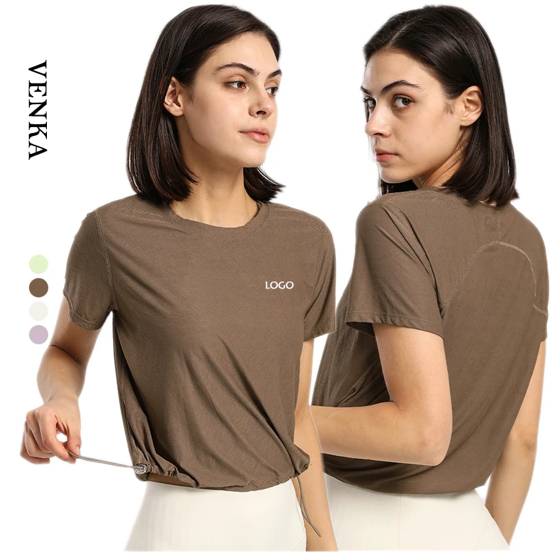 New Design Women's Yoga T Shirts Quick Dry Comfortable Workout Tops Adjustable Drawstring Hem Loose Plus Size Breathable