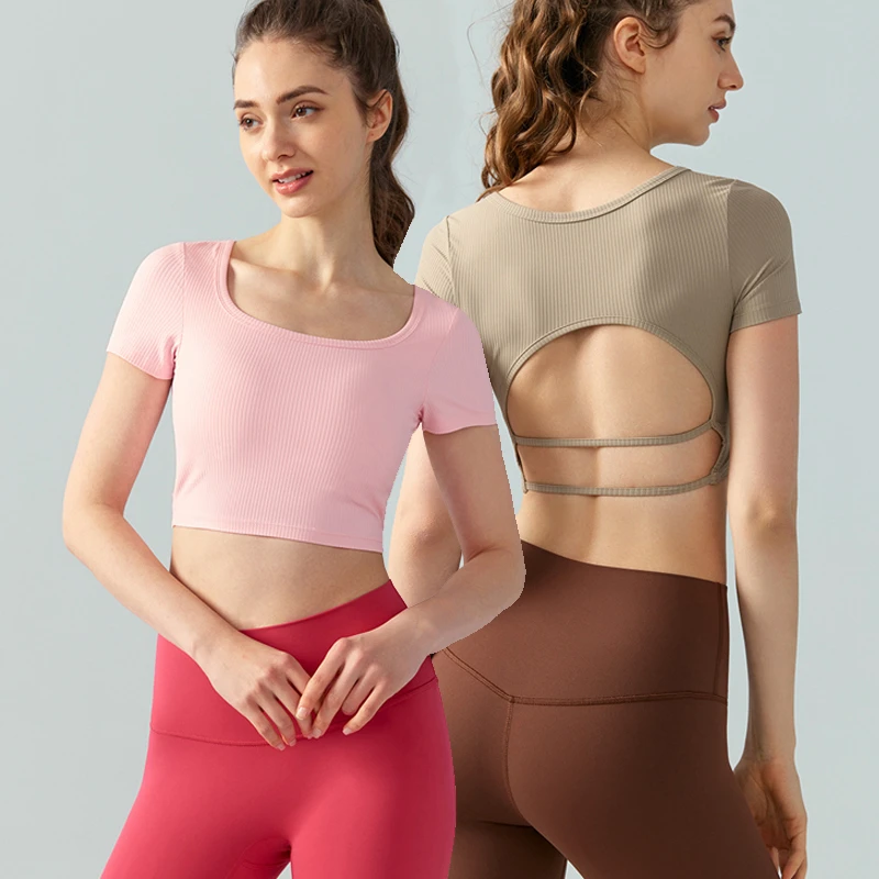 High Quality Women's Open Back Tee Ribbed Short Sleeve Crop Tops Workout Yoga Built in Bra Active Wear