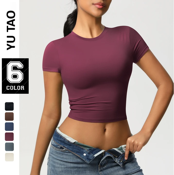 Seamless Women Running Sports T Shirt Short Sleeve Round Neck Breathable Stretchy GYM Yoga Slim Fitness Active Top Tee