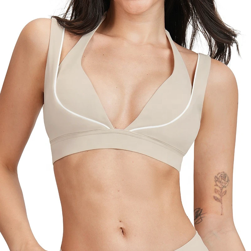 Lightweight Soft Fitness Yoga Top Women Double Layer Sports Bra Removable Padding Contrast Color Breathable Backless Running Bra