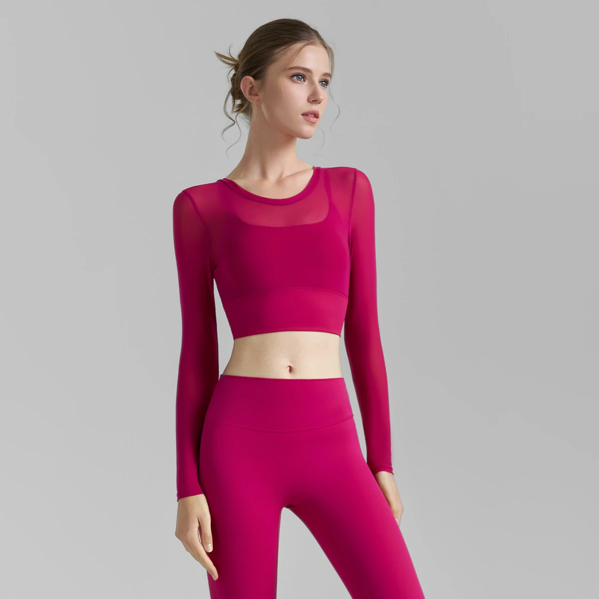 Summer New Arrival Breathable Mesh Yoga Top High-End Sweet-and-Chic Style Tight-Fitting Waist-Cinching