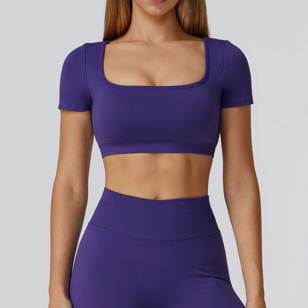 Women High Elastic Yoga Wear Seamless Short Sleeve T-shirt Square Neck Slim Fit Workout Gym Fitness Sports Crop Top