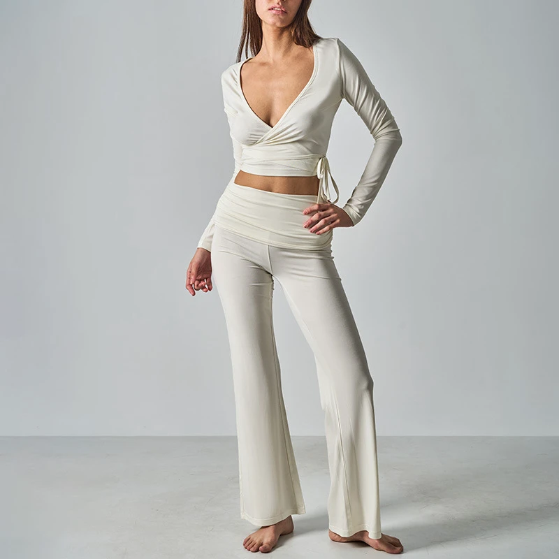 CNSHELL Custom logo Softness Skin-friendly Long-sleeved Sexy Strappy V-neck Base Top for Pilates and Yoga Wear Leisure Active