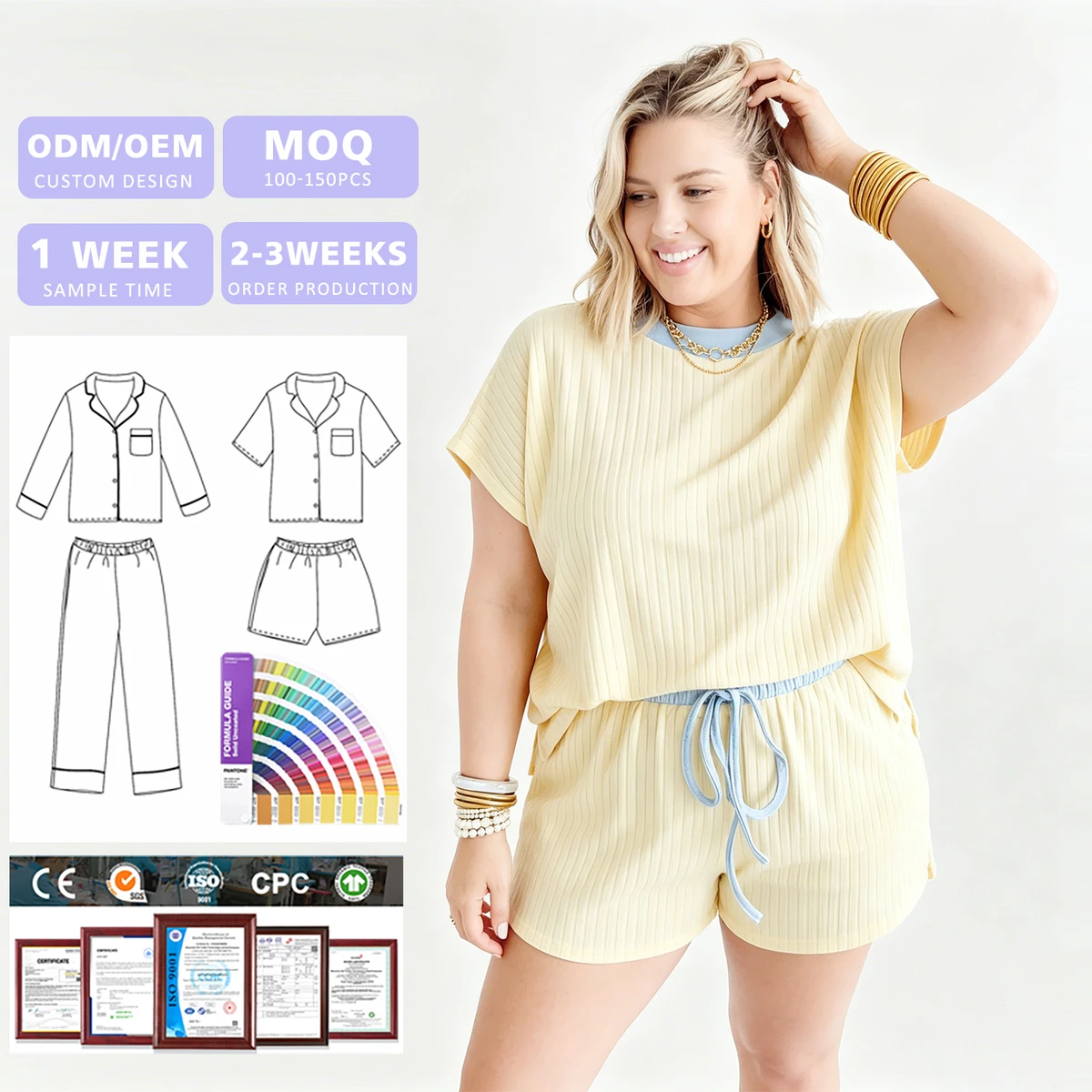 Custom Plus Size 100% Organic Cotton Women Yellow Contrast Trim Short Sleeve Top & Drawstring Shorts Loungewear Set