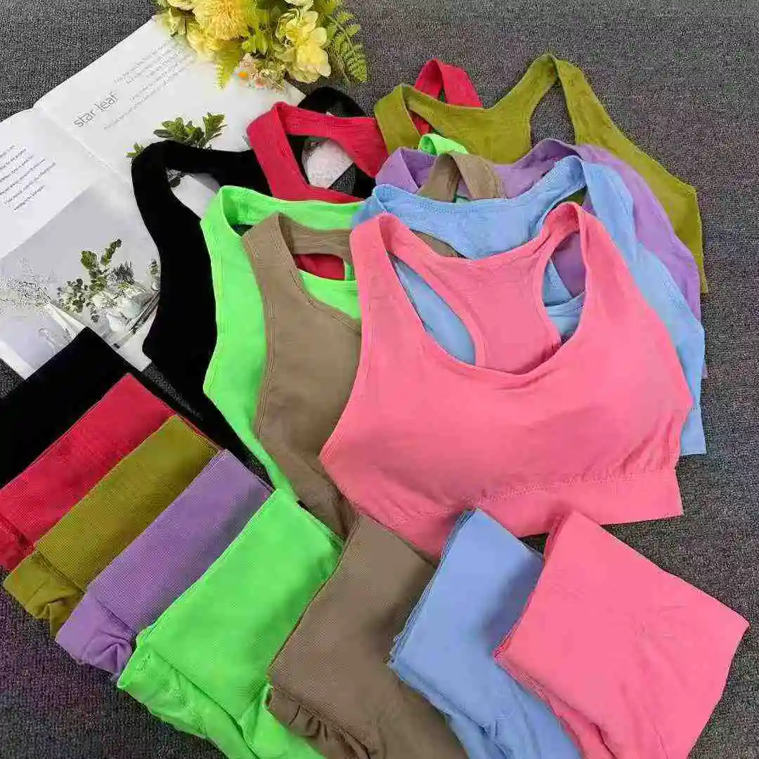 265# European American Quick-Drying Professional Fitness Sports Bra Three-Part Pants Yoga Clothes Set For Spring Summer Running