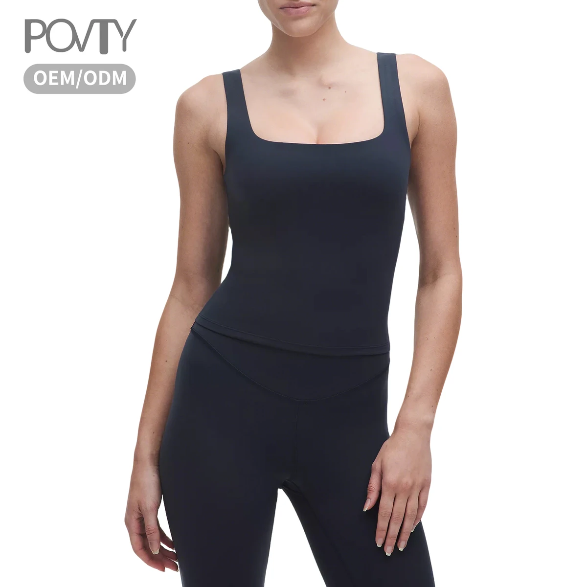 POVTY Custom Logo Women's Square Neck Slim Fit Yoga Tank Top with Built-in Bra Butter Soft High Elastic Workout Fitness Shirts
