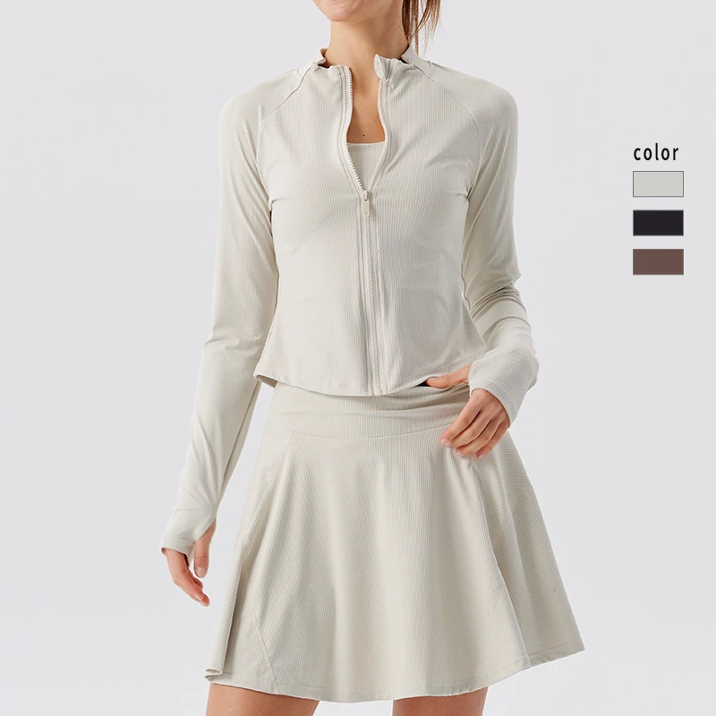Breathable-style Striped Stand-up Collar Breathable Spandex/Polyester Outdoor Long-sleeve Yoga Top Slim-fit Sports Jacket for Running