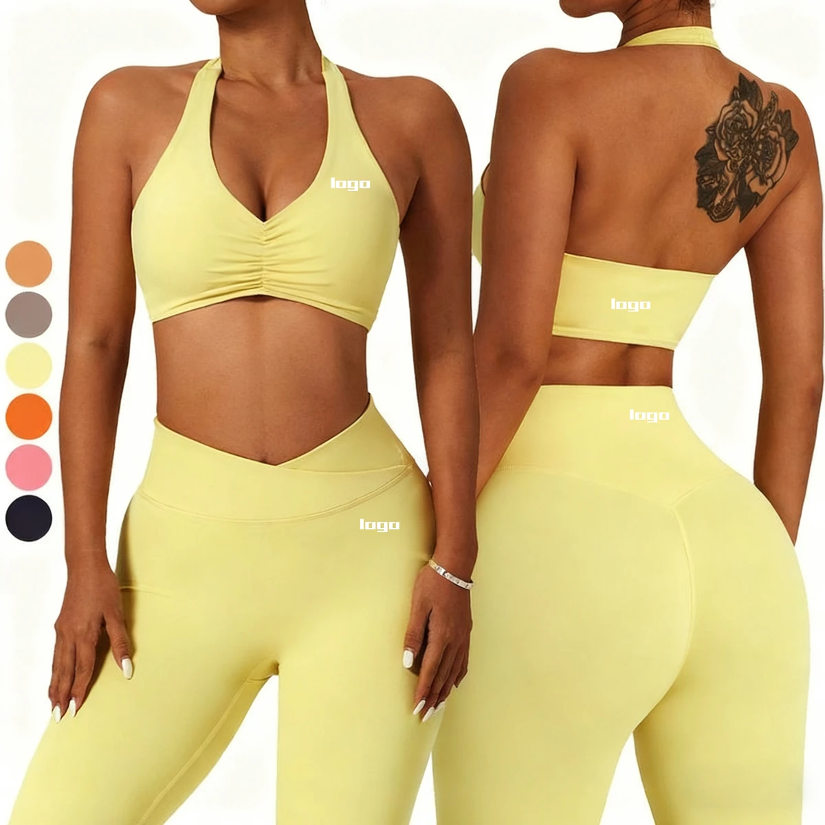 Custom Women Activewear Quick Dry 4 Way Stretch Two Piece Yoga Leggings Set Halter Ruched Sports Bra High Waisted V Waist Pants