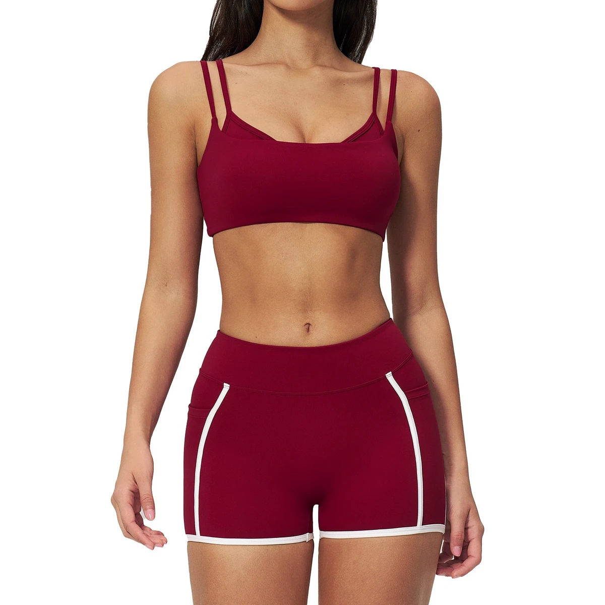 Cross-border Seamless Wrinkle-Resistant Yoga Outfit for Women White Striped Slim-fit 2-Piece Set Spandex/Nylon Sportswear