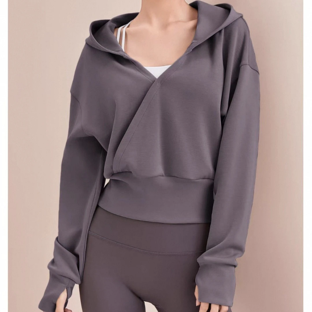 Women's Sports Breathable V-neck Slim-fit Yoga Top Coat t Hooded Fitness Wear for Autumn & Winter